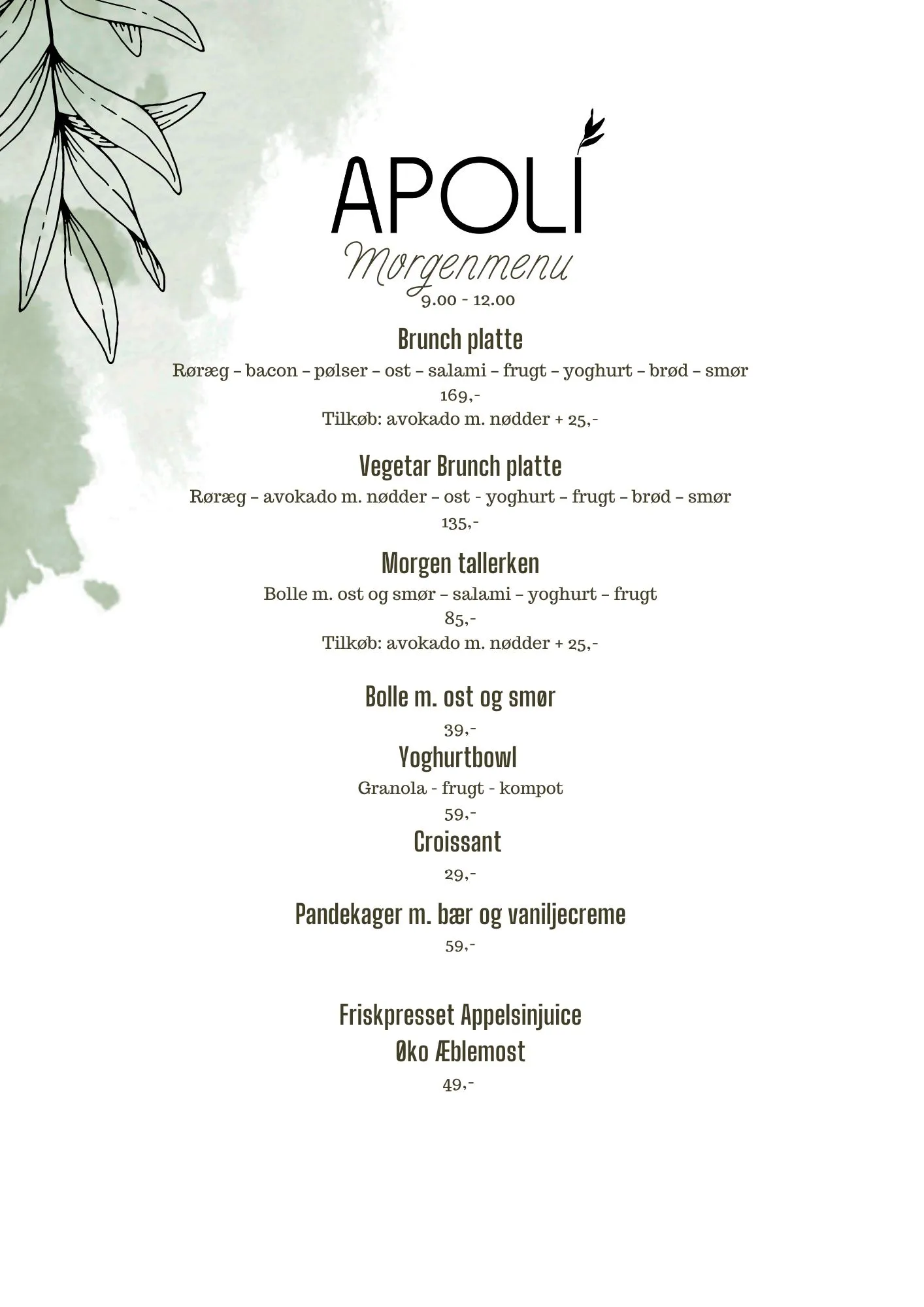 Brunch menu hos APOLI Restaurant Nyborg