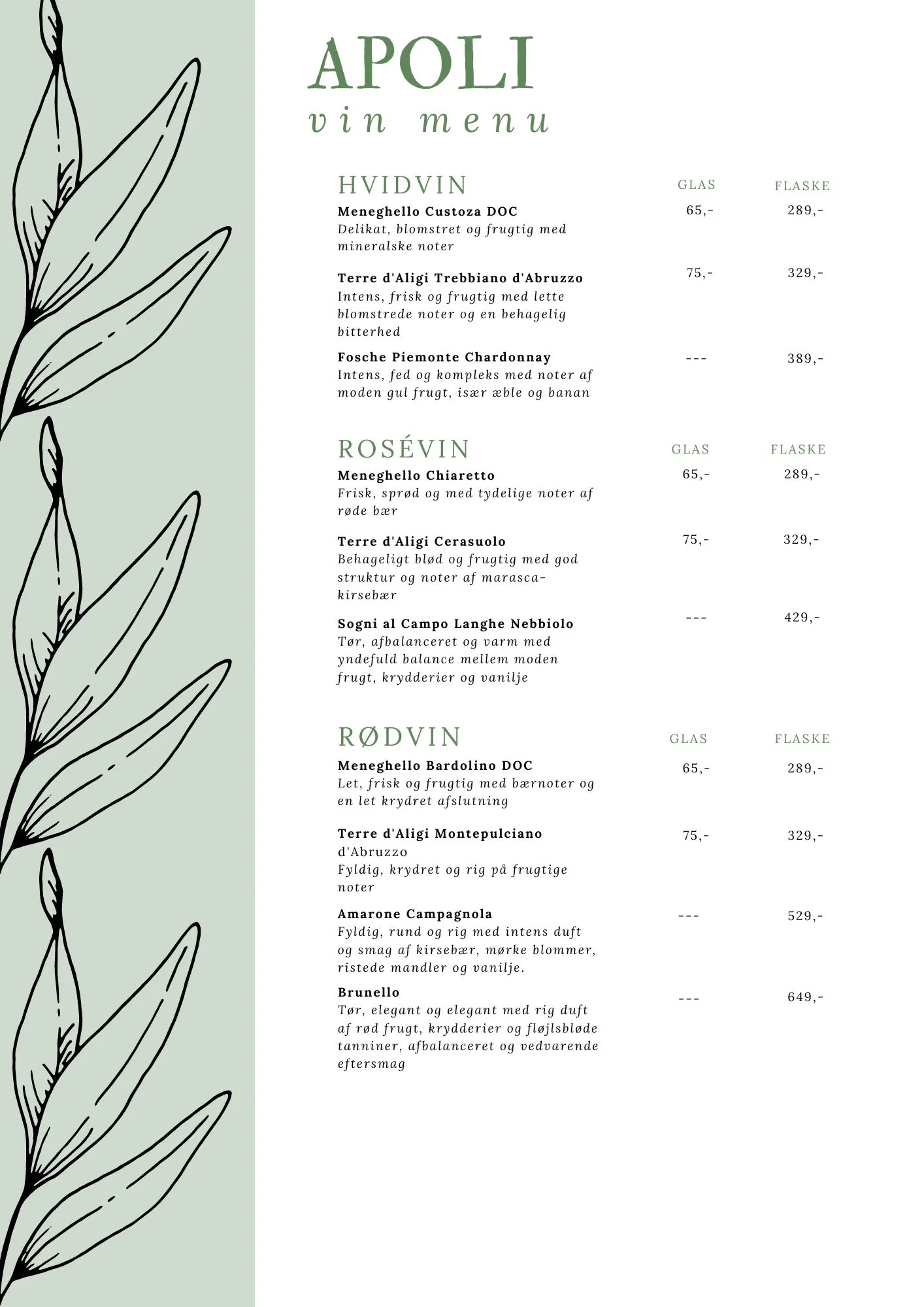 Vin menu APOLI Restaurant i Nyborg