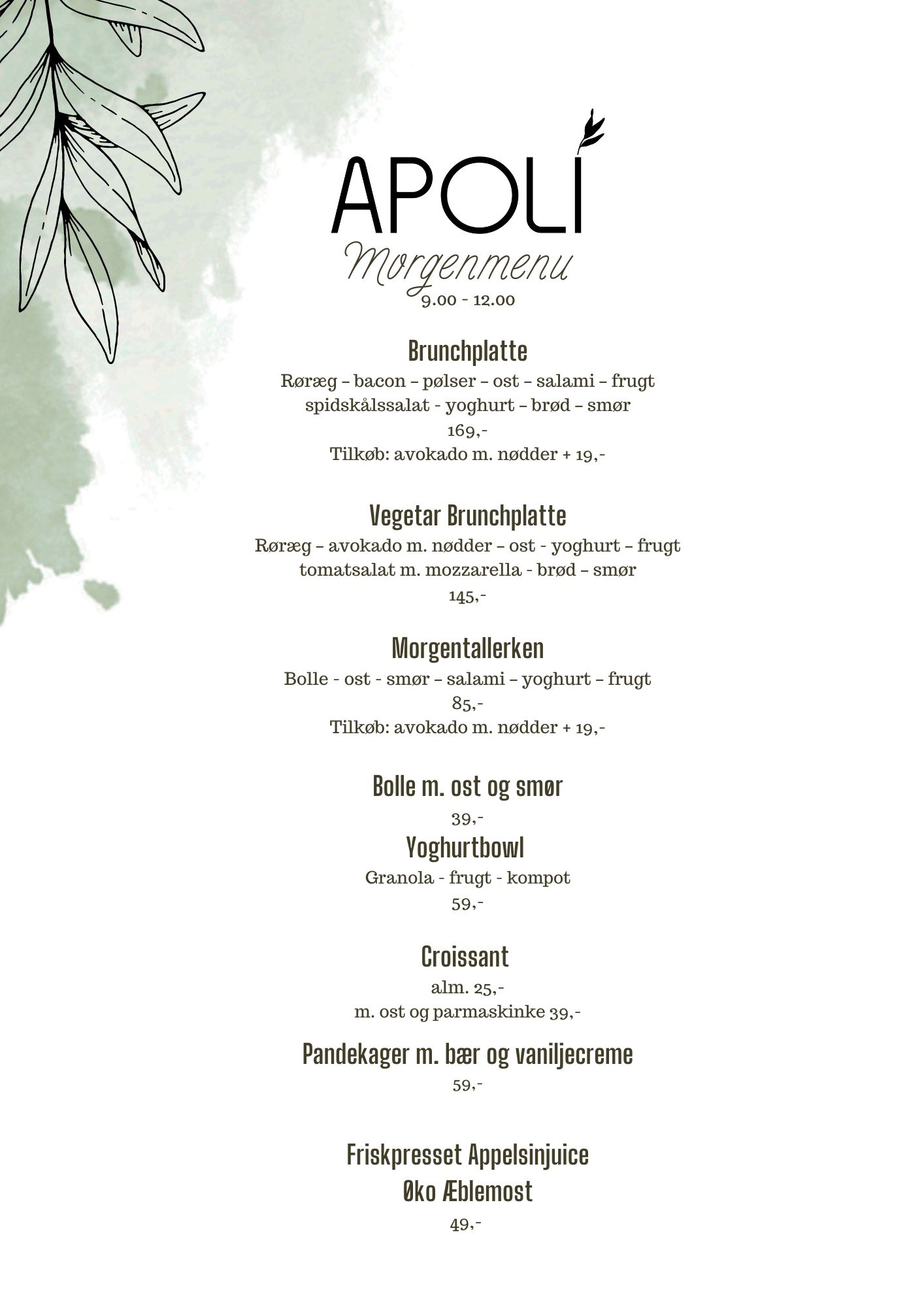 Brunch menu hos APOLI Restaurant Nyborg