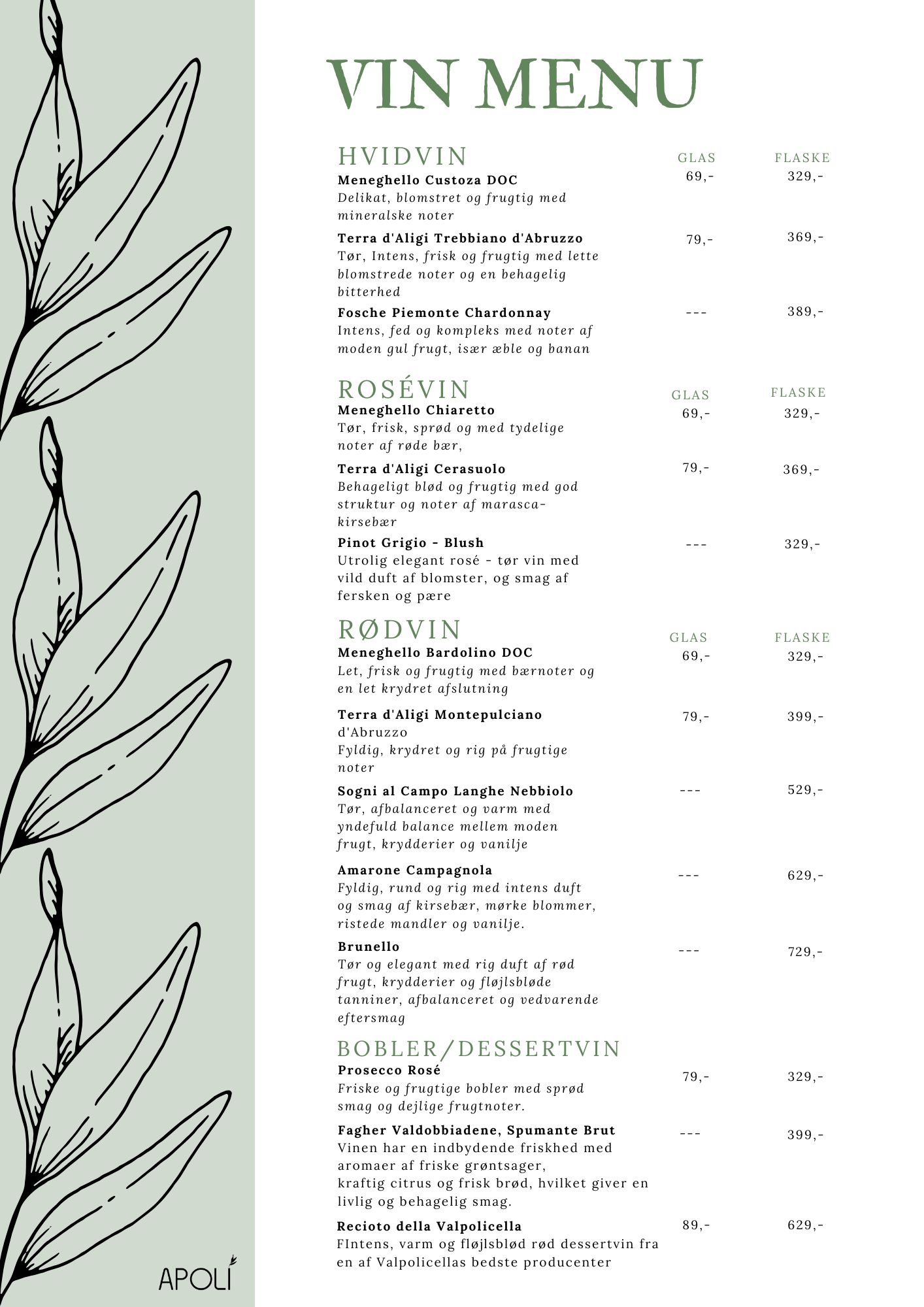 Vin menu APOLI Restaurant i Nyborg