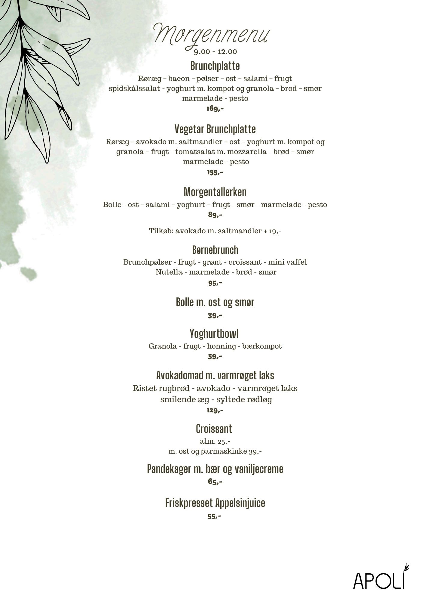 Morgenmenu Apoli Brunch menu hos APOLI Restaurant Nyborg