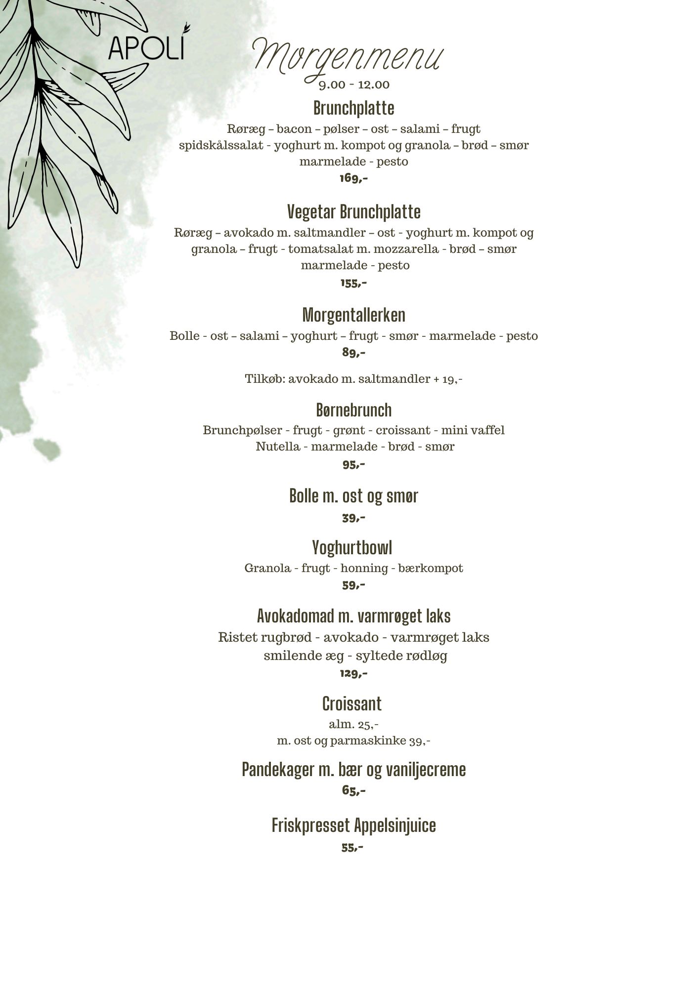 Brunch menu hos APOLI Restaurant Nyborg
