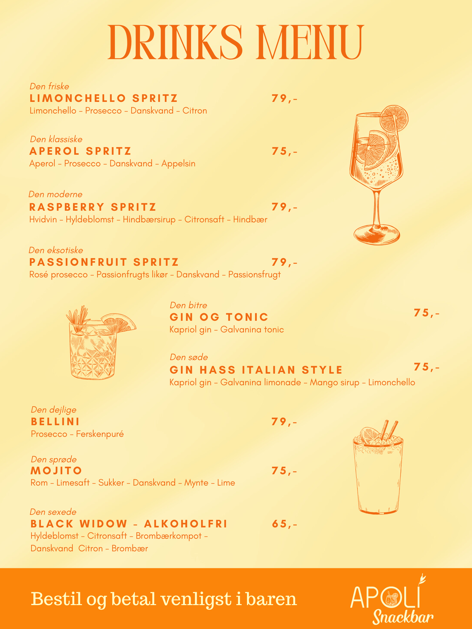 Drinks menu Snackbar Apoli Frokost og aftenmenu APOLI Restaurant i Nyborg