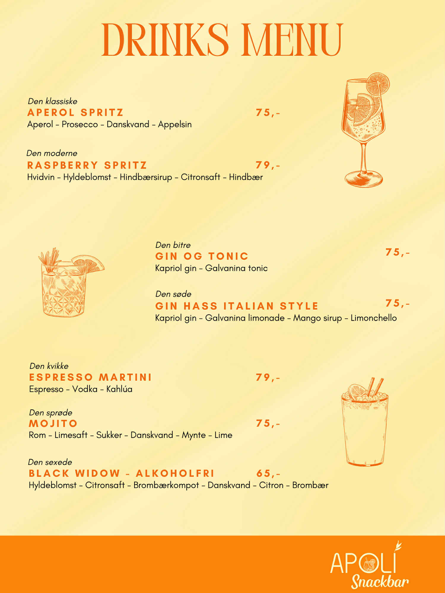 Drinks menu Snackbar Apoli Frokost og aftenmenu APOLI Restaurant i Nyborg
