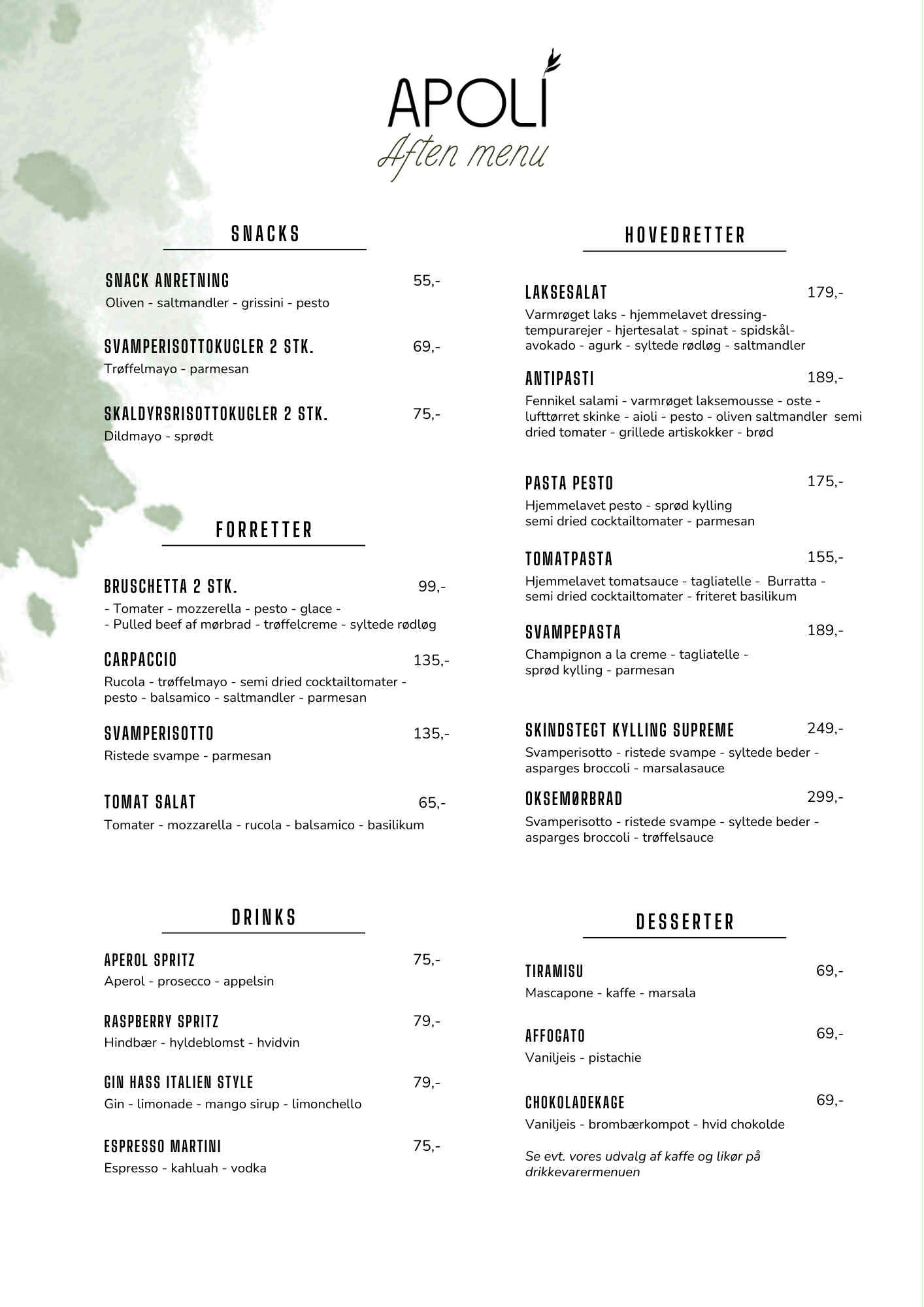 Aftenmenu for Apoli Nyborg 