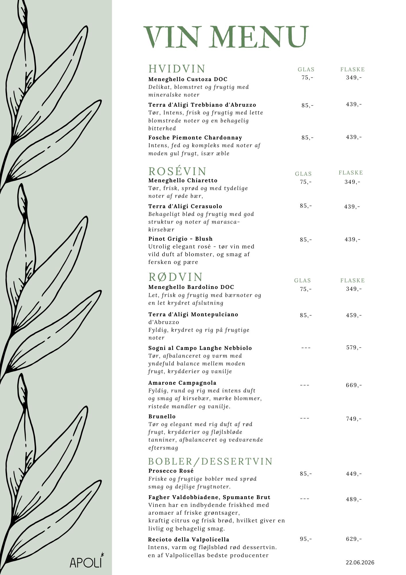Vin menu APOLI Restaurant i Nyborg