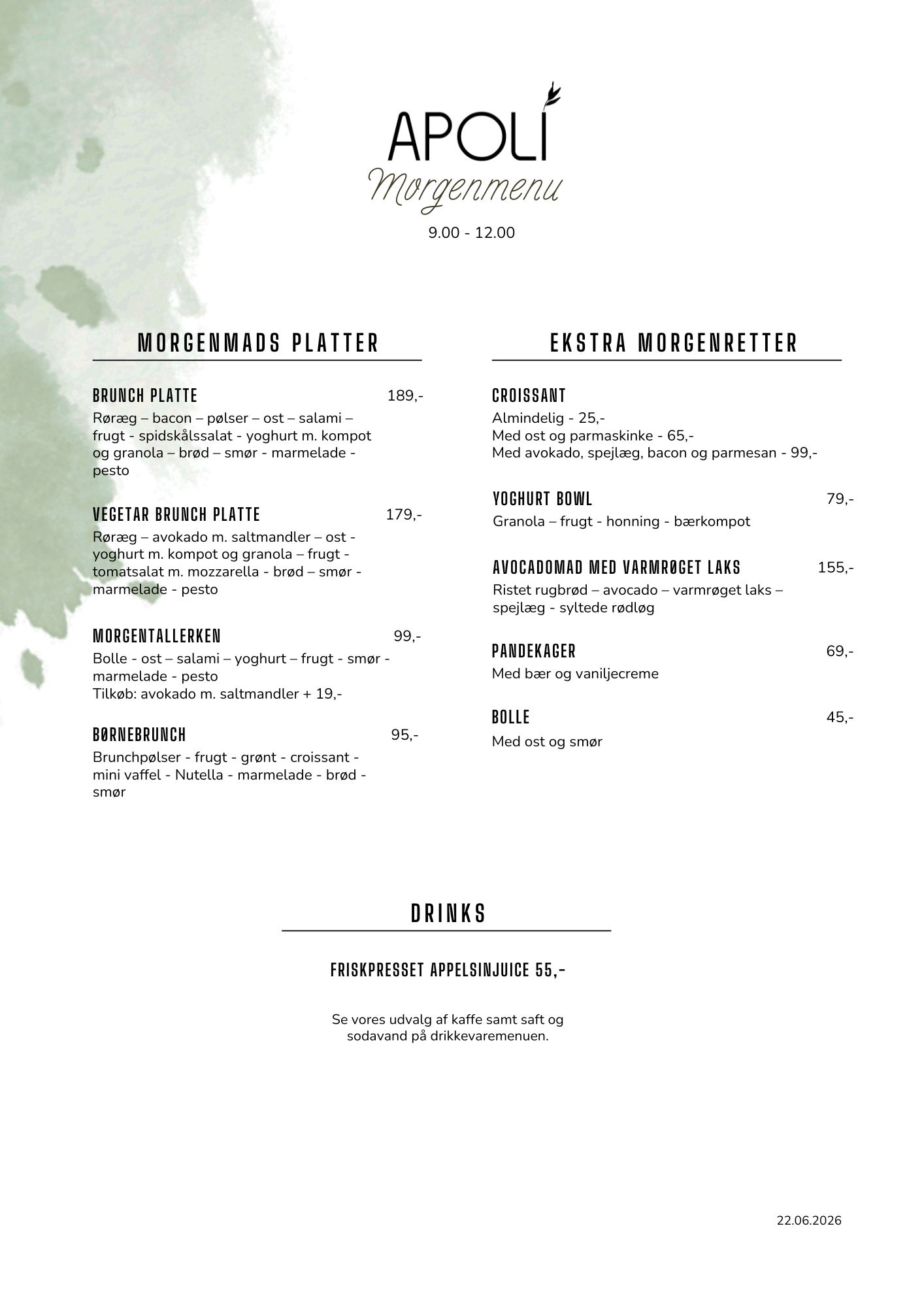 Brunch menu hos APOLI Restaurant Nyborg