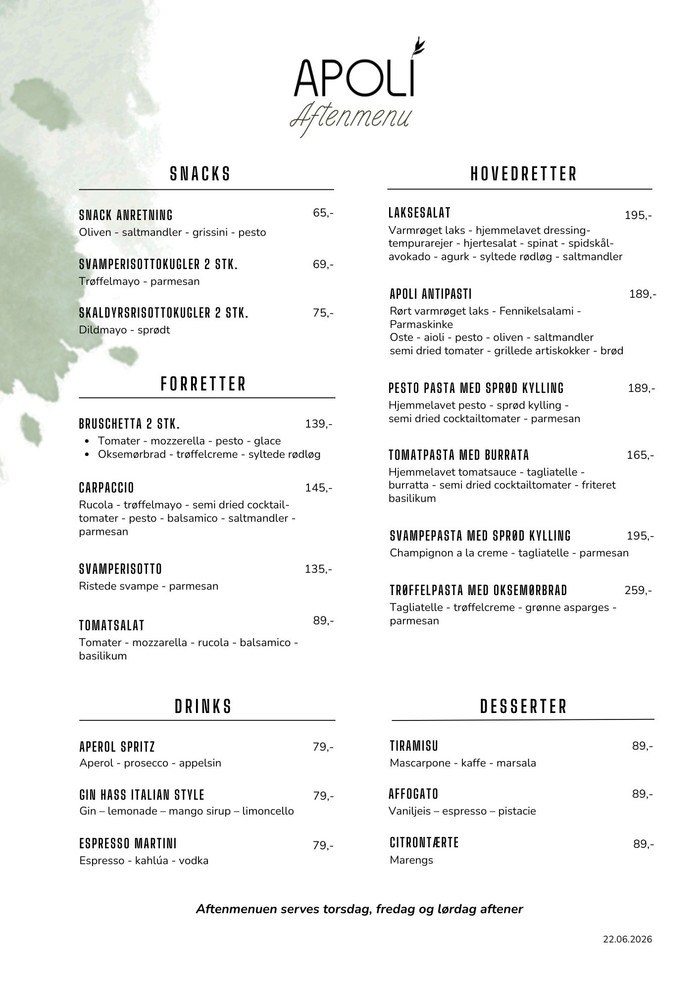Aftenmenu Restaurant Apoli Nyborg