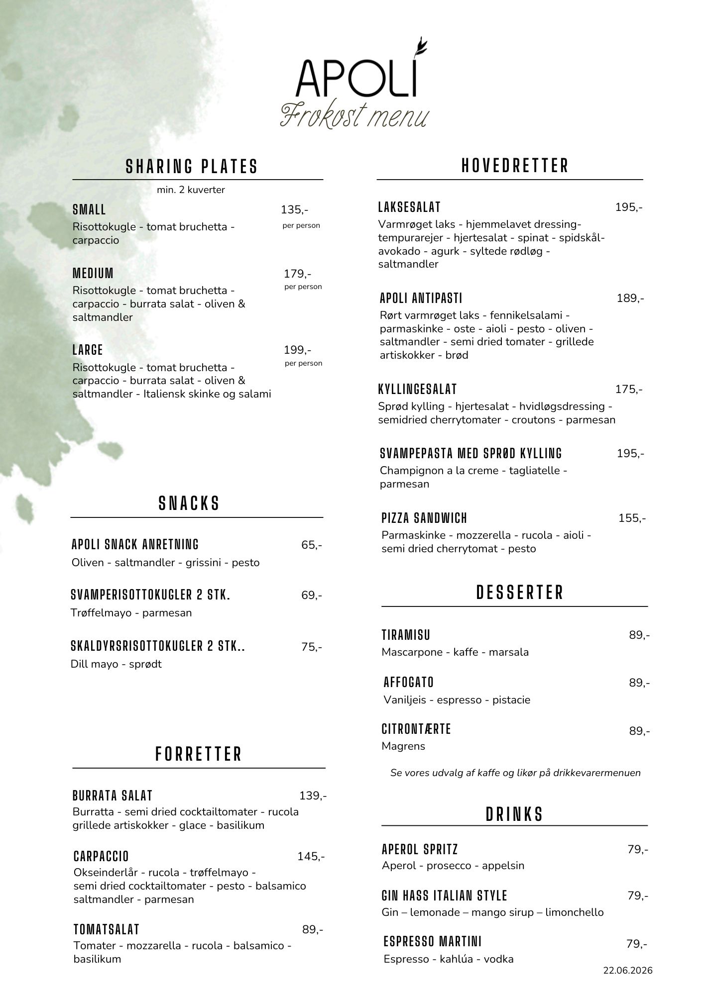 Frokost menu Restaurant Apoli Nyborg