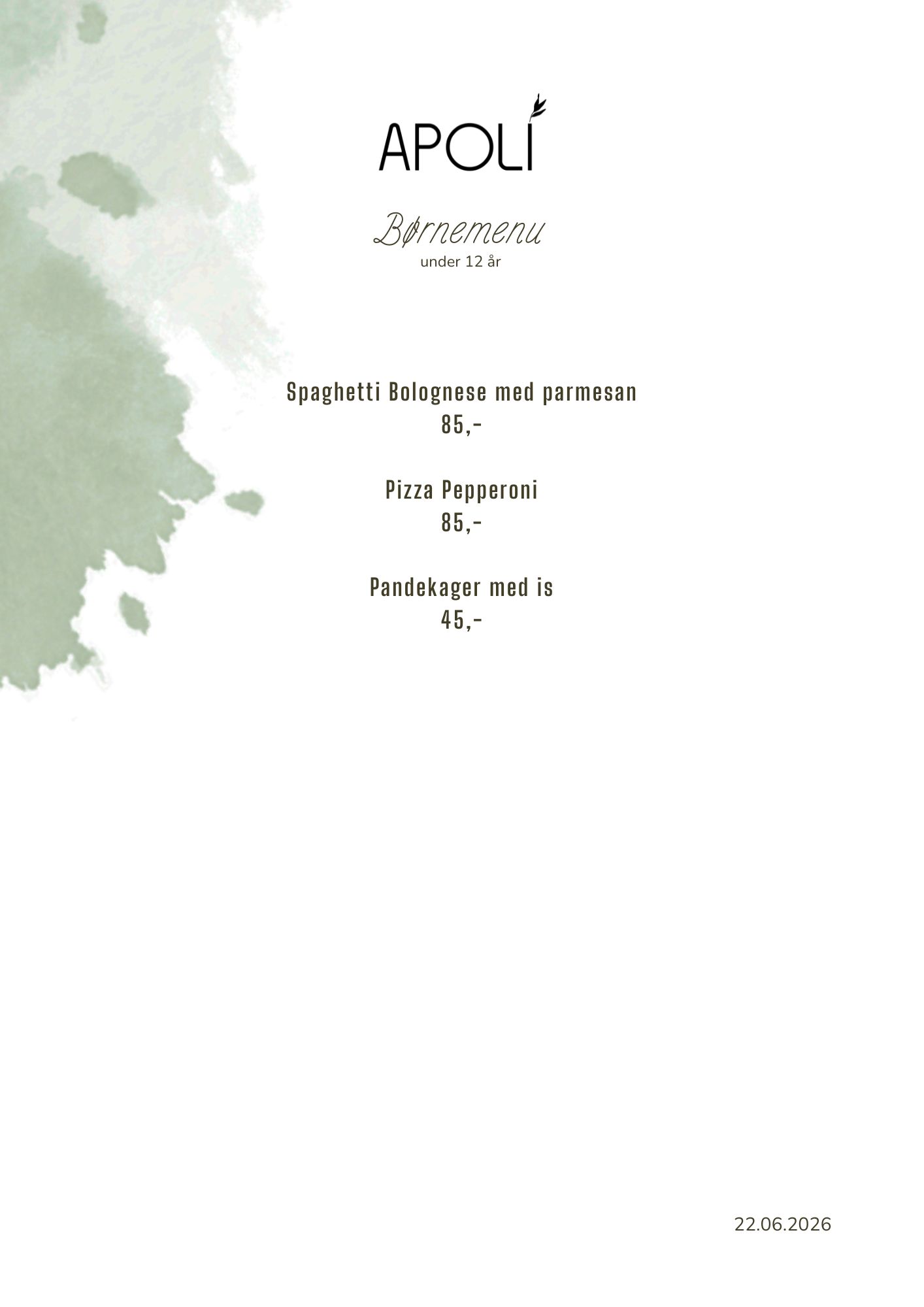 Børnemenu på restaurant Apoli