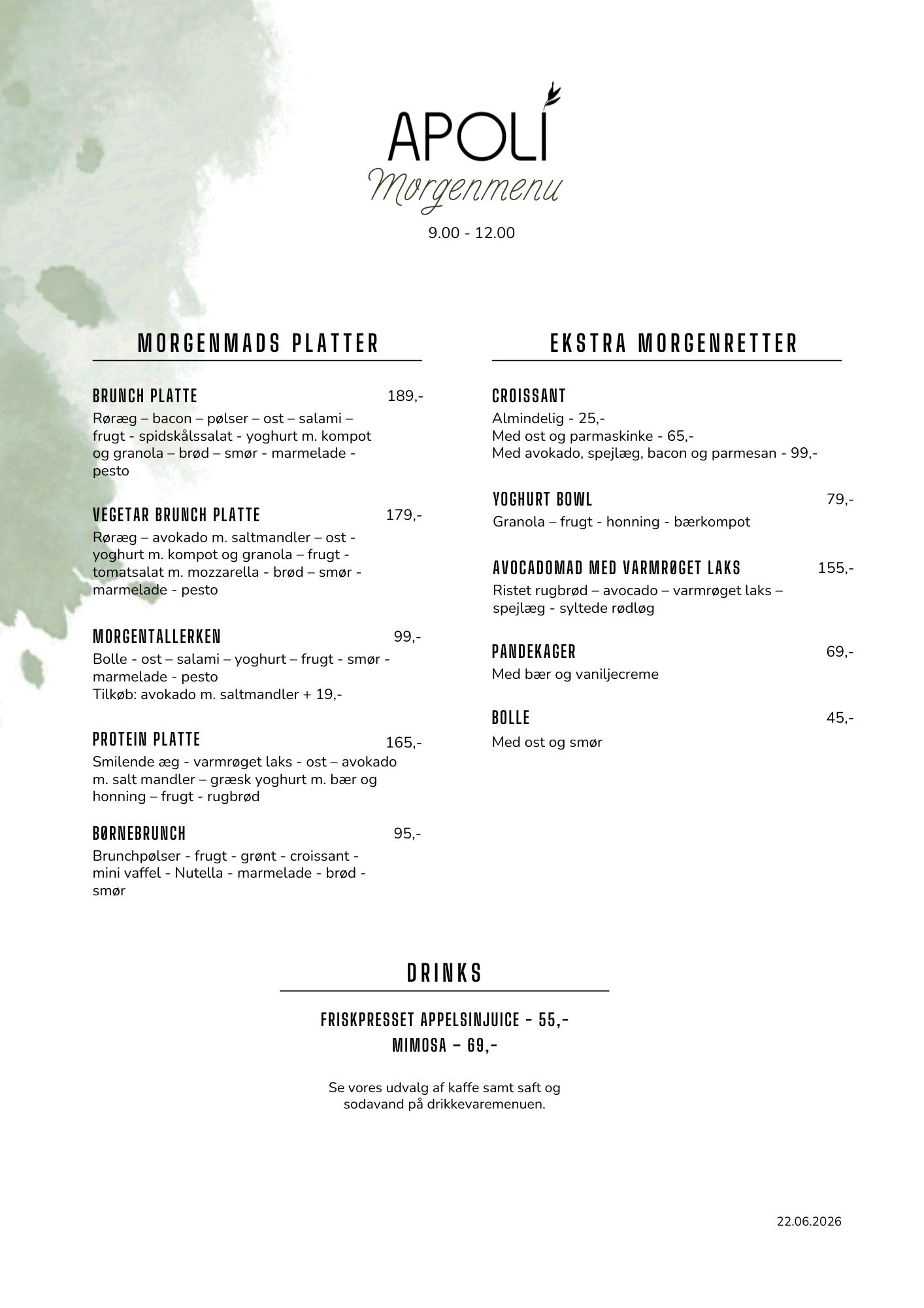 Brunch menu hos APOLI Restaurant Nyborg
